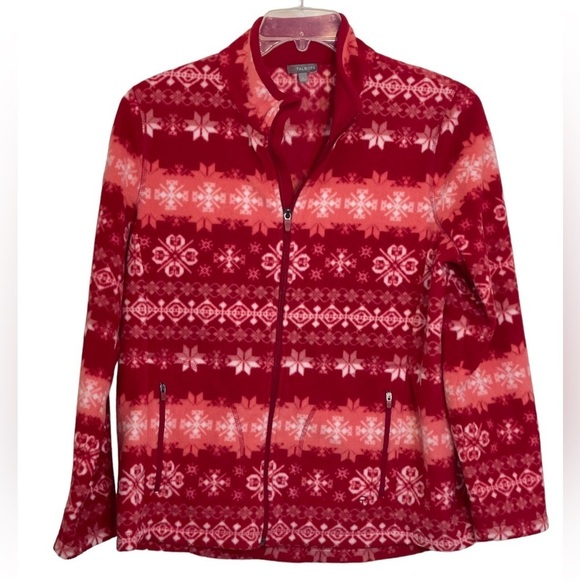Talbots Fleece Jacket. Size large. Red Snowflake Mock Neck Zip Cozy Soft GUC - Picture 2 of 6